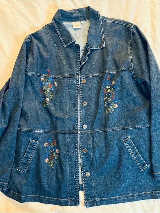 Focus Jackets & Blazers - Embroidered Floral Blue Denim Jacket by Focus